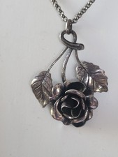 Jugendstil 925er Silber  Anhänger großer Rosenzweig   + 800er  Silber Kette