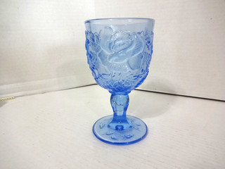 Vintage Fenton Wright Madonna Inn Wild Rose Blue Water Goblet EX