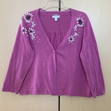 Charter Club Women Long Sleeve Embroidered Floral Sweater Cardigan Cotton Pink L