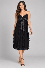 Betsy & Adam Black Ruffle Midi Dress Size 6 Satin Bow Formal Cocktail Party