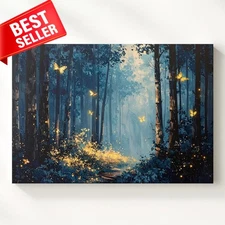 Twilight Landscape Canvas Glowing Fireflies Ethereal Tall Slender Wall Art