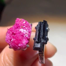 Raw Ruby&Black Tourmaline Handmade white copper Adjustable Ring