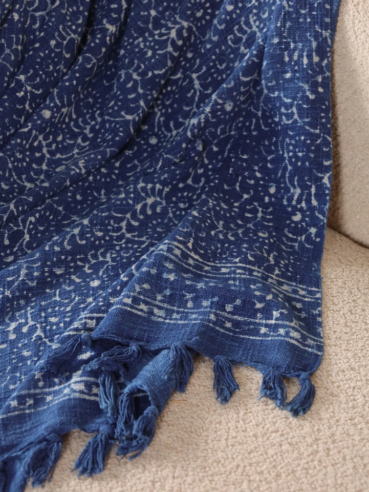 Indigo Blue Cotton Sofa Throw Blanket Handmade Block Print Boho Farmhouse Decor - Image 3 of 4