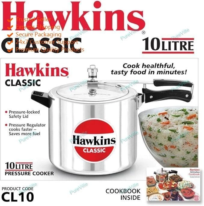Hawkins Classic Aluminium Inner Lid Pressure Cooker, 10 Litre, Silver (Cl10), 10
