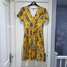 Yellow White Floral V Neck Wrap Stretch Jersey Midi Summer Spring Dress Medium
