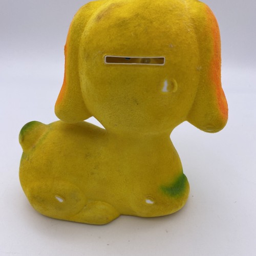 Vintage Flocked Neon Yellow Green And Orange Puppy Coin Piggy Bank w/ Stopper - Picture 5 of 10