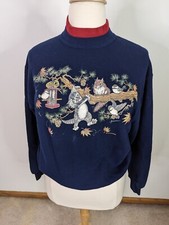 Vintage Sweatshirt Collared Kitty Cat Granny Cottage core LARGE Unisex Blue