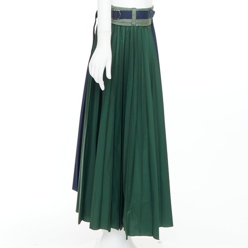 SACAI 2020 green navy nylon trim deconstructed pleated skirt JP3 L - Picture 4 of 9