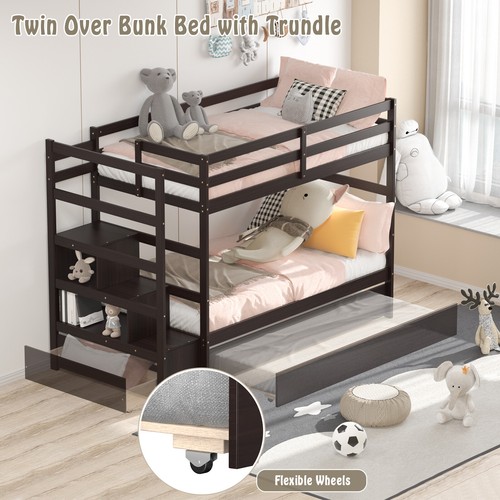 Twin Over Twin Bunk Bed with Trundle Stairway and Storage Shelf Drawer Espresso - Picture 7 of 9