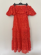 ASOS EDITION BLOUSON OFF SHOULDER TIERED BRODERIE MIDI DRESS IN RED. Size 6