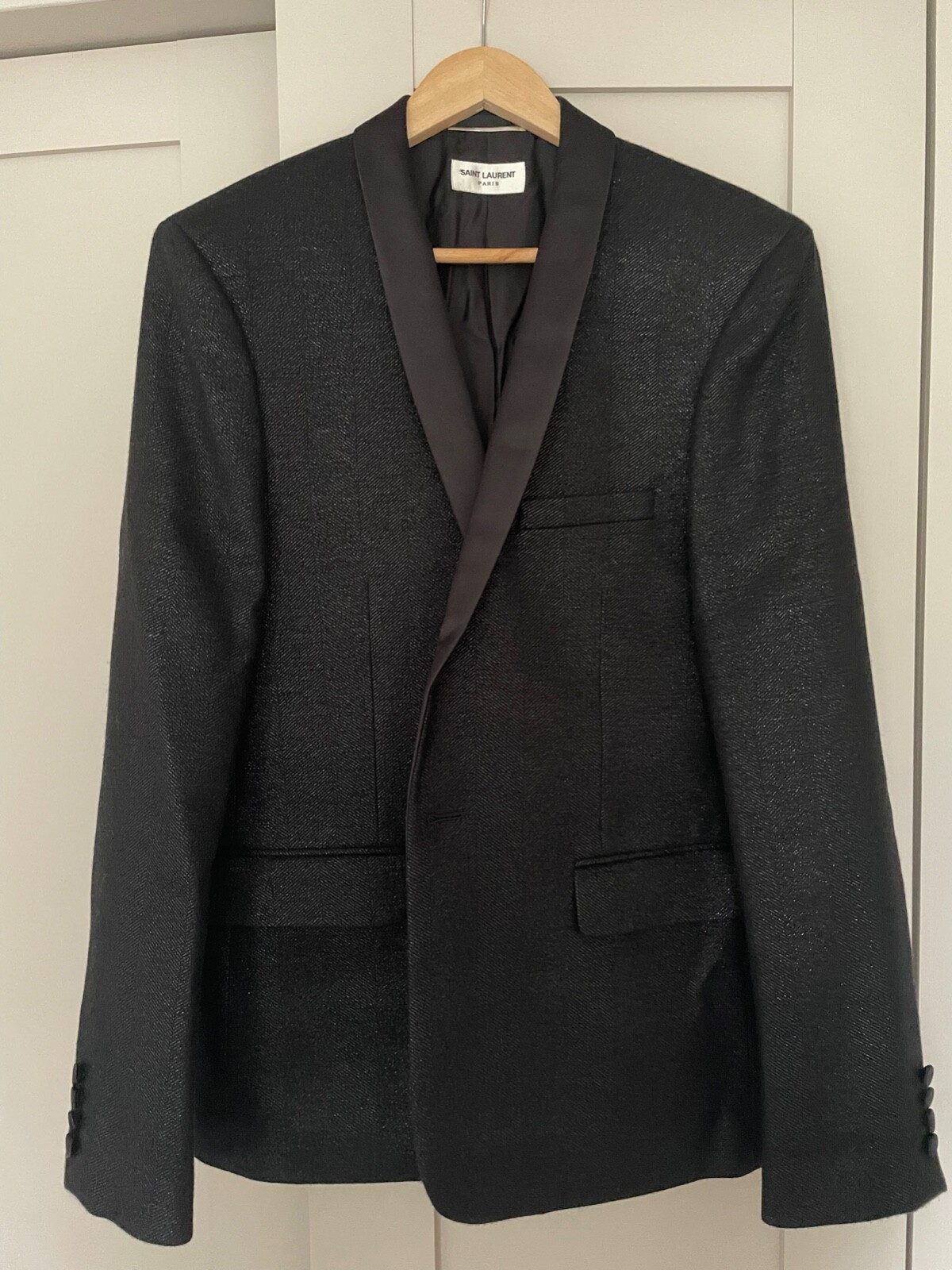 YSL SAINT LAURENT smoking giacca da pranzo nero e argento metallizzato UK44 RRP. £2.799