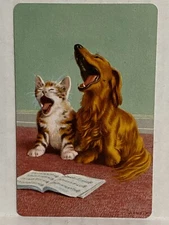 Vintage Blank Back Swap/Playing Card With Dog & Cat Singing Or Yawning