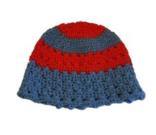 Handmade Crochet Granny Cottage Core Red Blue Striped Hipster Bucket Hat Beanie