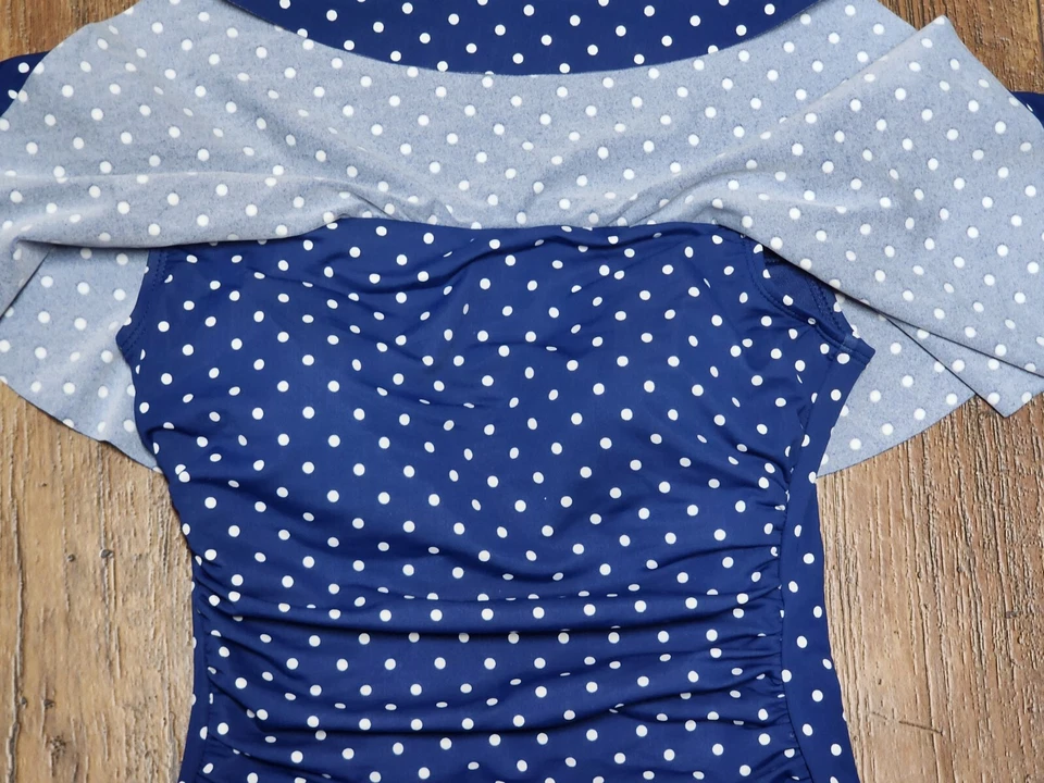 NWOT Lauran Ralph Lauren Sapphire Pin Dot Off The Shoulder One Piece Swimsuit - Image 4 of 4