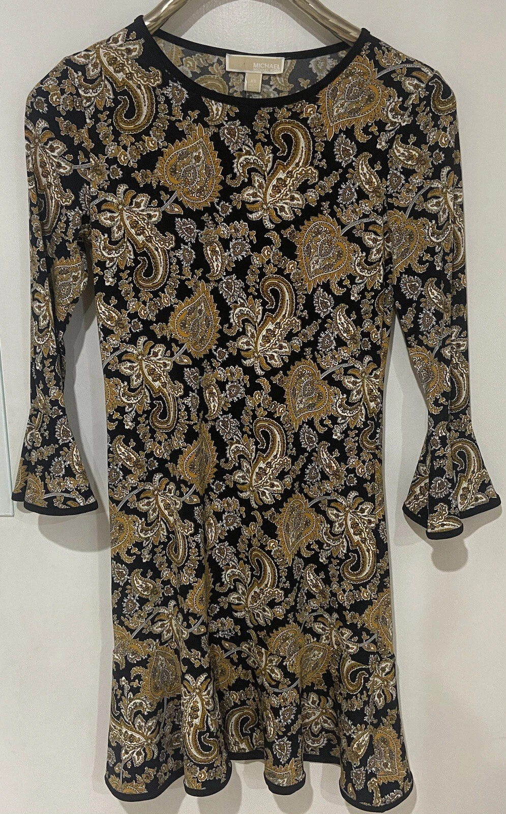 Abito donna Michael Kors nuovo con etichette taglia XS nero oro paisley manica a campana