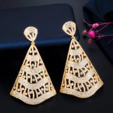 Yellow Gold Plated CZ Big Long Hollow Out Drop Earrings for Bride Wedding Party