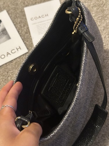 Coach Grey Wool Tweed Leather Shoulder Bag Vintage - Picture 7 of 13