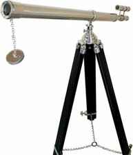 Antique Nautical Navy Brass Telescope Full Size Floor Standing w/ Wood Stand