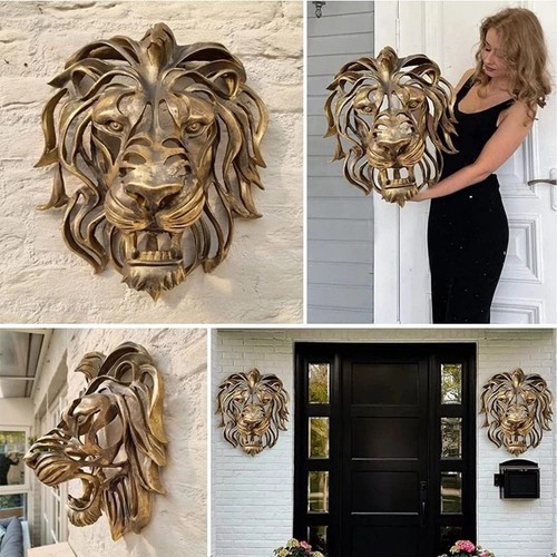 Large Lion Head Wall Mounted Art Sculpture Gold Resin Lion Head Art Luxury Decor - Picture 9 of 11
