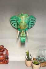 Elephant Wall Mask - Green Gold Hanging Wooden Hand Carved Art Fair Trade