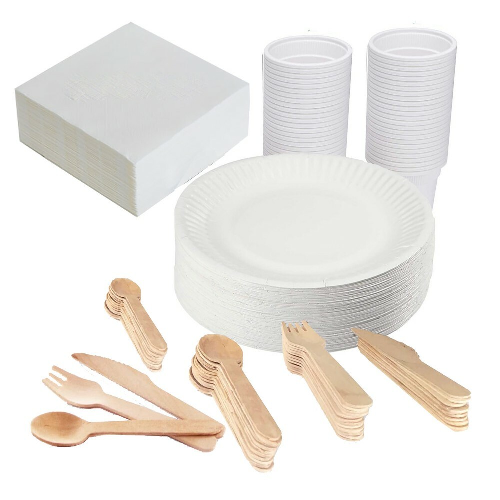 Vaisselle jetable design en bois véritable et carton rigide, pack réception de 570 pièces