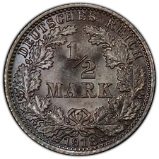 1918-A Germany Silver 1/2 Mark – Wilhelm II (*Certified MS66 by PCGS*) - Toned