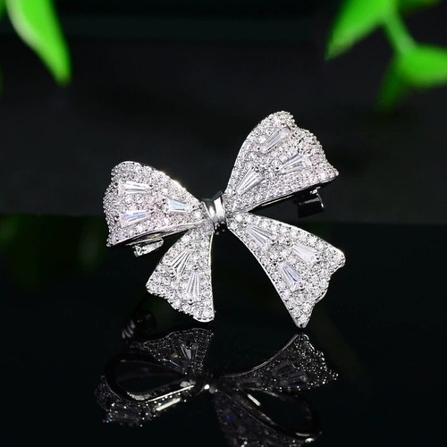 Women's Pink/Clear Cubic Zirconia CZ Small Bowknot Brooch Pin - Picture 6 of 7