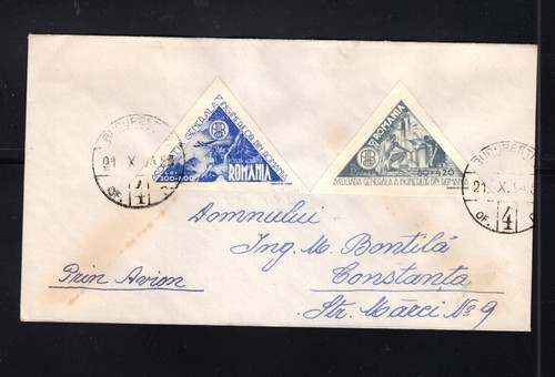 Romania 2 imperf tirangle stamps on cover