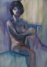 Gene Fisher Kosich Exhibit Label Watercolor Vintage Female Figure Blue Large