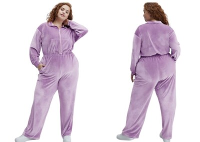Fabletics Velour Zip-Up Wide Leg Pantsuit Jumpsuit Velvet Lilac