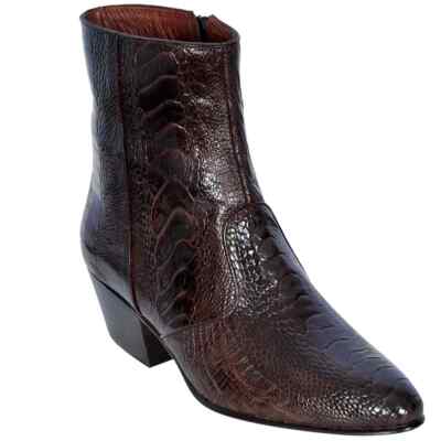 Los Altos Brown Genuine Ostrich Leg Ankle Boot Round Toe Side Zipper D 630507