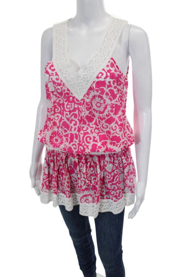 Shoshanna Womens Cotton Floral Lace Trim Sleeveless Blouson Top Pink Size S - Imagem 2 de 4