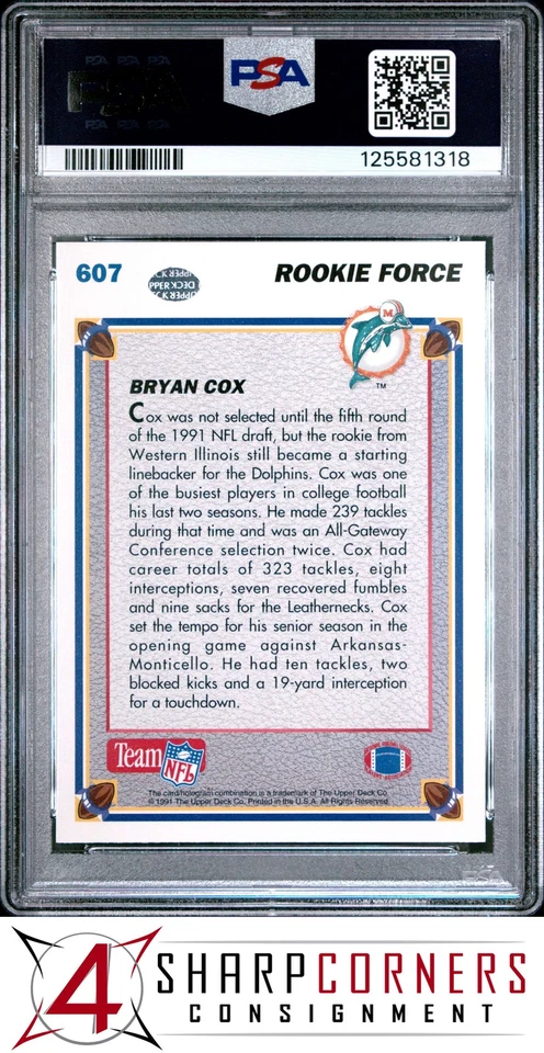 1991 UPPER DECK #607 BRYAN COX RC DOLPHINS PSA 10 - Image 2 of 3
