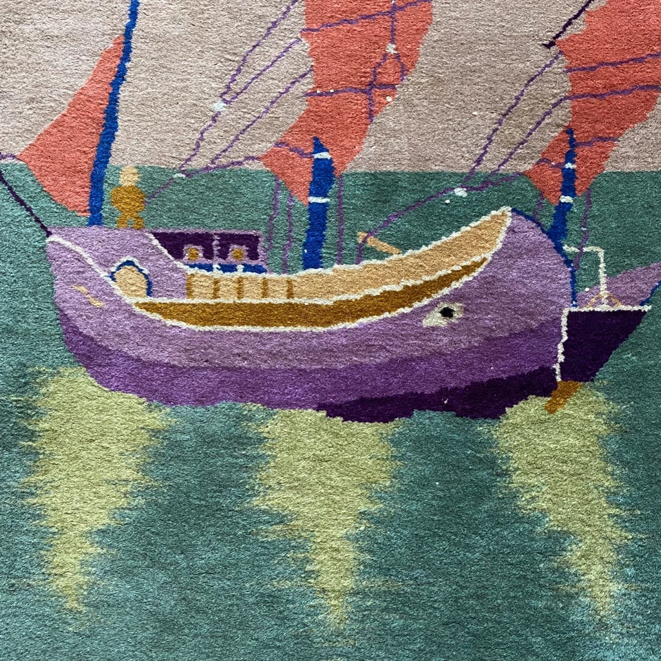 Antique Chinese Rug 46" x 24" Junk Handmade Wool Asian Oriental Boat Motif - Image 4 of 4