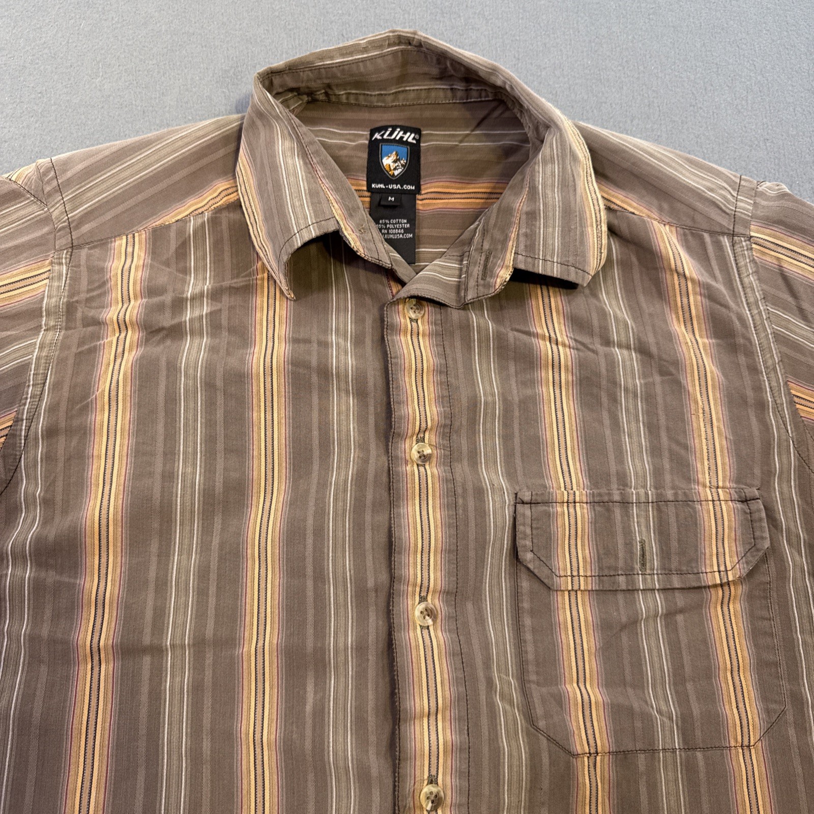 Kuhl Shirt Mens MEDIUM  TAN  STRIPE Short Sleeve Button Up Outdoor Hiking Travel