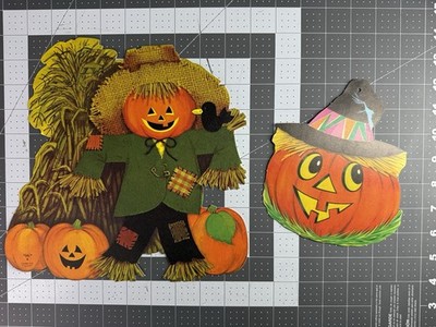 Vtg Halloween Die Cut Wall Decor Scarecrow Pumpkin Crow 1970's Ambassador 10''