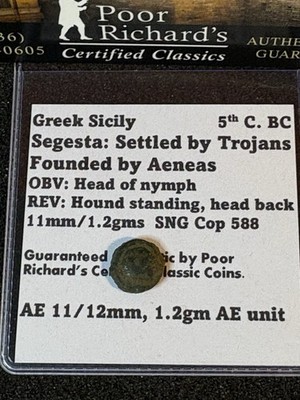 5th C. BC Greek Sicily Settled by Trojans Head of Nymph/Hound AE 11mm Unit CG59
