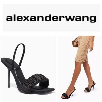 Alexander Wang Black Ruched Satin Slingback Heels Sandals Size 37.5 Square Toe