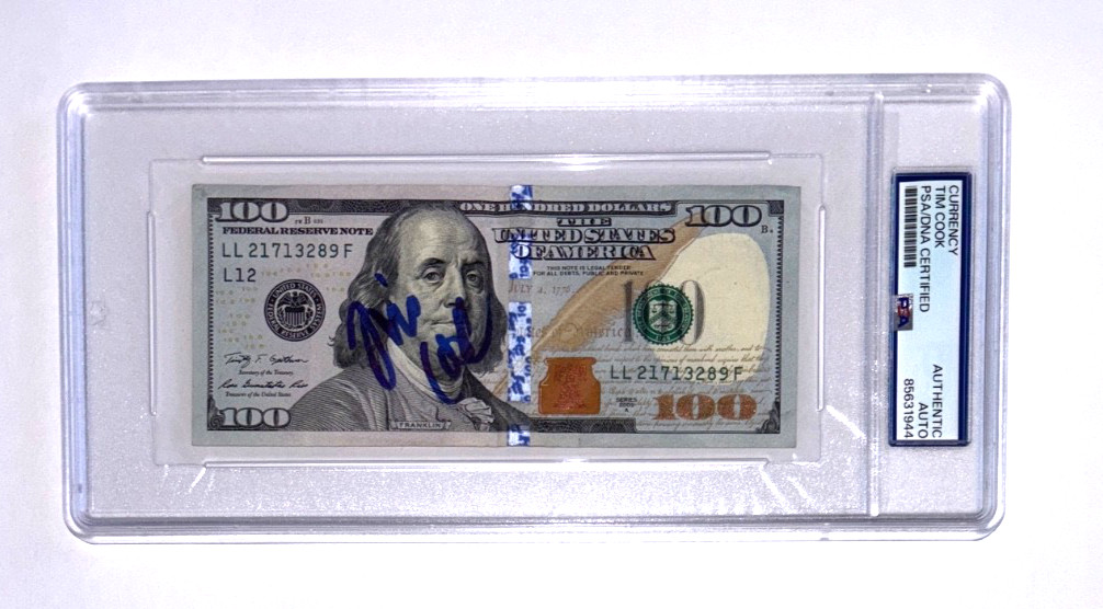 TIM COOK SIGNED $100 BILL CURRENCY SLAB APPLE CEO TV PSA/DNA