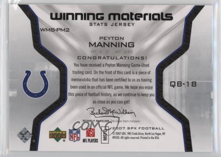 2007 SPx Winning Materials Stats Peyton Manning #WMS-PM2 HOF - Image 2 of 2