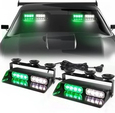 2-in-1 Green White Dash Emergency Strobe Lights for Vehicles - 16 LED Warning Fl