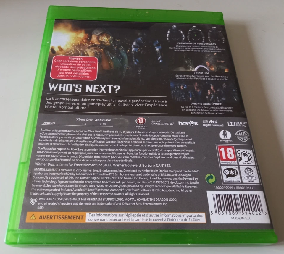 Jeu XBOX ONE "Mortal Kombat X" en boîte sans notice version PAL (n°9021S), photo 3 sur 4