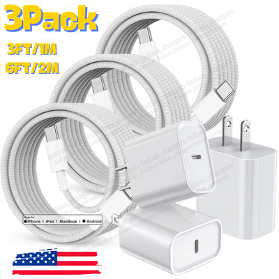3Pack USB-C To Type C PD Fast Charger Block Braided Cable For Apple iPhone 16 15