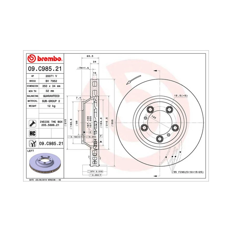 Brembo 09.C985.21 Brake Discs Front Driver Left Side  Hand for Porsche Panamera - Image 2 of 2