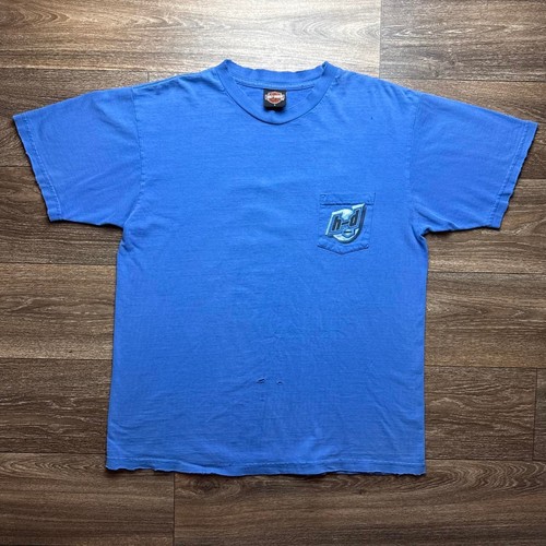 Vintage Y2K Blue Sun Faded, Lightly Distressed, H-D Harley Davidson Pocket Tee