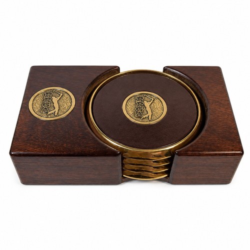 Vintage TPC Tournament Players Club Golf Coaster Set Wood Brass Holder 4 PGA
