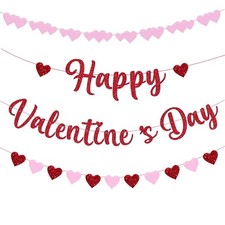 10 Feet Glitter Happy Valentine's Day Banner, No DIY Red Heart Garland for Valen