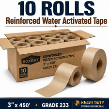 10 Rolls Reinforced Water Activated Kraft Tape 3" x 450' Grade 233 Brown