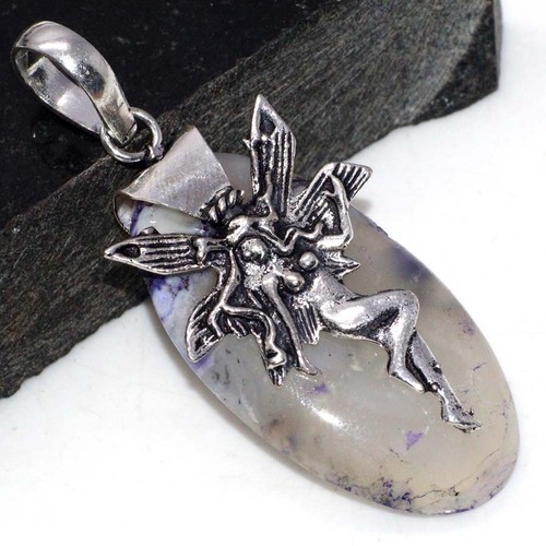 925 Silver Plated Cap Purple Dendritic Fairy Pendant Size 2.2" JW