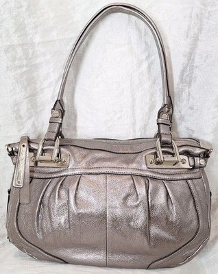 B. MAKOWSKY GENUINE PEBBLED LEATHER Metallic Pewter/Silver Double Handle Purse